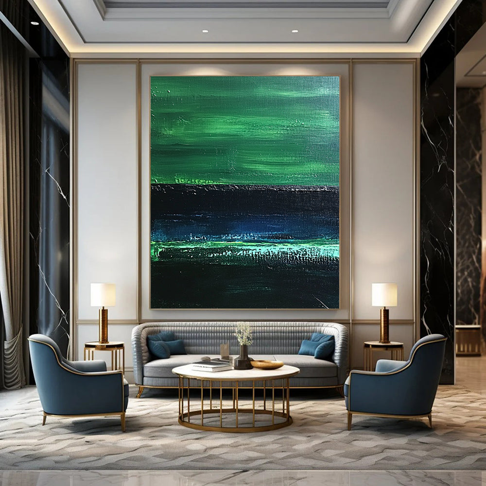 Contemporary abstract painting features textured dark greens and a serene emerald band, evoking calmness reminiscent of dimly lit water reflections. DLZ1242
