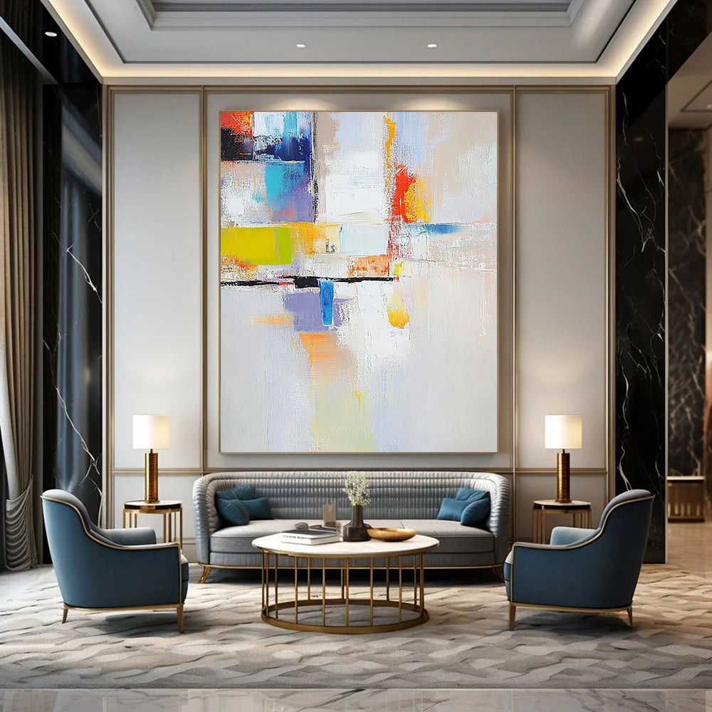 Contemporary hand-painted abstract artwork featuring vibrant colors and dynamic shapes perfect for elevating modern spaces. DLZ1780