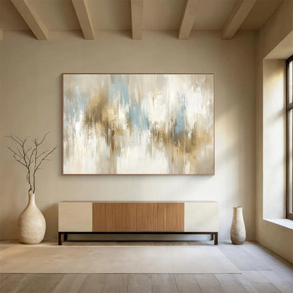 “Soft Neutral Abstract Strokes” - Beige, Gray, Blue, Subtle Abstract Brushstrokes Painting On Canvas HB0967