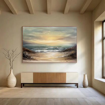 “Muted Beach Path” - Beige, Green, Blue, Sandy Path to the Sea - Textured Oil Painting HB1703
