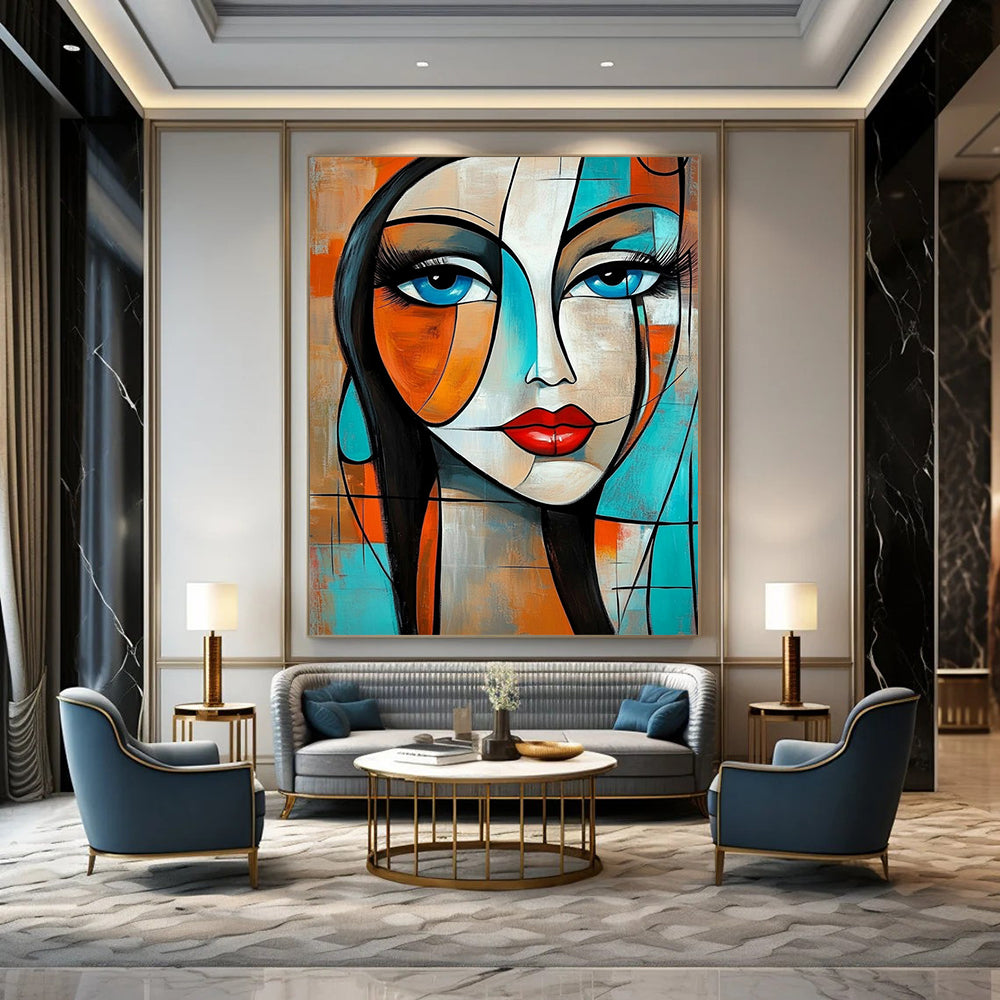 Contemporary abstract painting featuring a woman with geometric shapes and flowing hair in vibrant orange and turquoise tones. DLZ0785