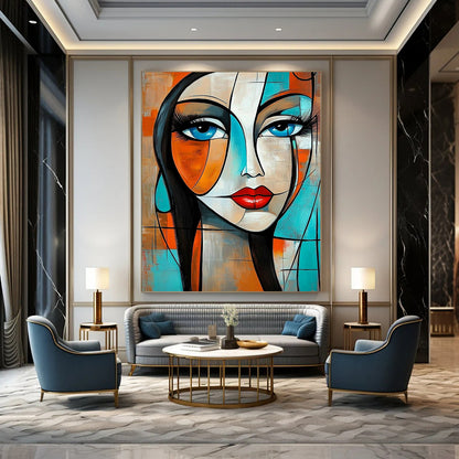 Contemporary abstract painting featuring a woman with geometric shapes and flowing hair in vibrant orange and turquoise tones. DLZ0785