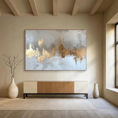 “Gold Accents on Gray White” - Gold, Gray, White, Textured Forms - Painting On Canvas HB1418
