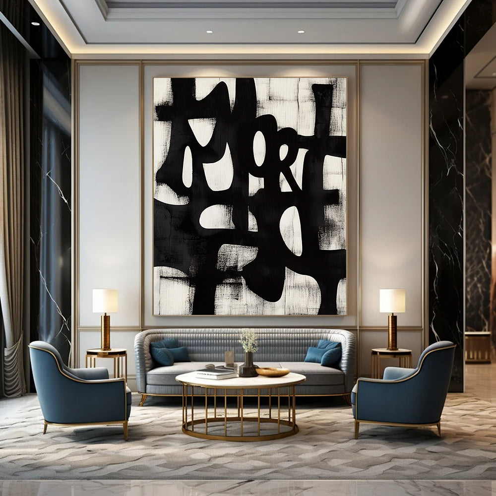 Large contemporary abstract art features bold brush strokes of "MORE" in dynamic Chinese calligraphy style set against a unique geometric background. DLZ1145