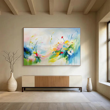 “Colorful Floral Breeze” - Pink, Yellow, Blue, Whimsical Flowers and Sky Painting On Canvas HB0937
