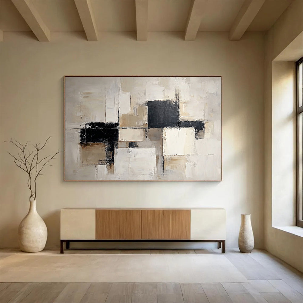 “Neutral Geometric Blocks” - Beige, Black, White, Abstract Cubes Painting On Canvas HB1054