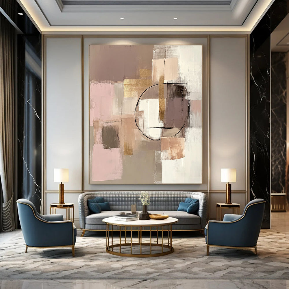 Contemporary hand-painted abstract artwork featuring beige and pink tones with geometric elements and gold accents in soft textures. DLZ0874
