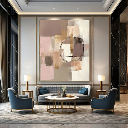Contemporary hand-painted abstract artwork featuring beige and pink tones with geometric elements and gold accents in soft textures. DLZ0874