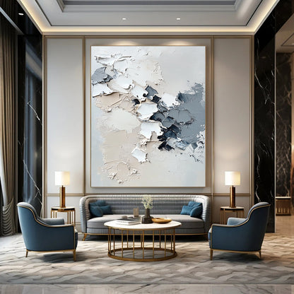 Contemporary hand-painted abstract artwork featuring melting snowflakes, impasto texture, and a serene white background in neutral tones. DLZ0629