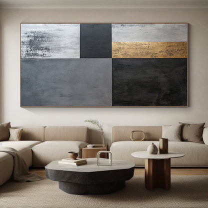 Black, Gray, White and Gold Geometric Squares "Elegant Geometry" Painting On Canvas HB352
