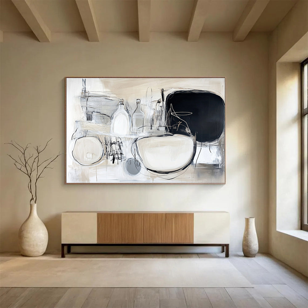 “Monochrome Stillness” - Beige, White, Gray with Abstract Bottles - Abstract Acrylic Painting HB1340