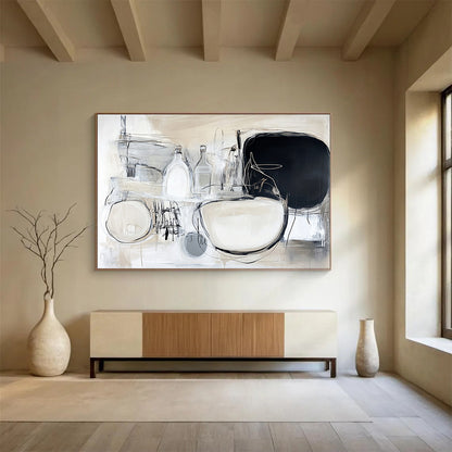 “Monochrome Stillness” - Beige, White, Gray with Abstract Bottles - Abstract Acrylic Painting HB1340