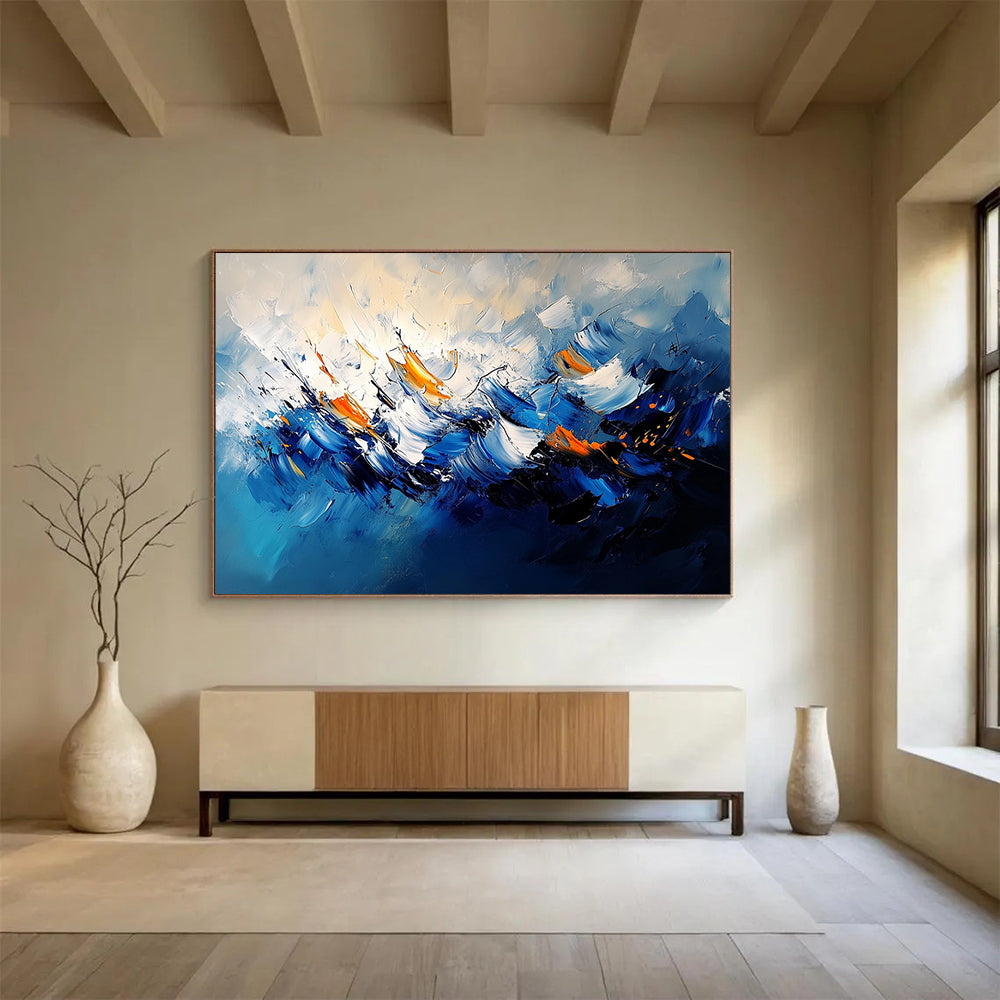 “Blue - Orange Abstract Wave Motion” - Blue, Orange, White, Dynamic Wave Shapes Painting On Canvas HB0830