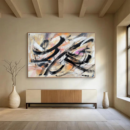 “Colorful Abstract Swirls” - Black, White, Orange, Pink, Purple, Fluid Brushstrokes - Acrylic Painting HB1628