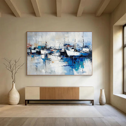“Abstract Harbor Reflections” - Blue, White, Gray, Dynamic Boat & Water Scenes Painting On Canvas HB1022