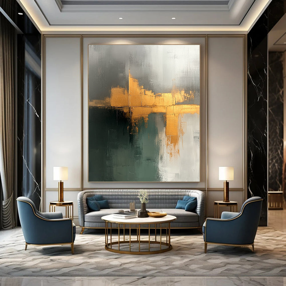 Contemporary hand-painted abstraction displaying beige sage green tones with elegant gold accents on canvas texture, perfect for modern decor. DLZ0943