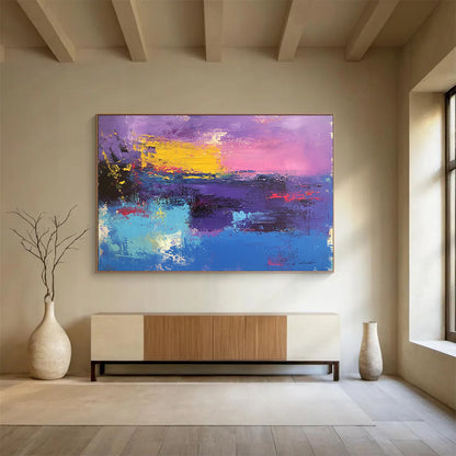 “Purple Pink Abstract Horizon” - Purple, Pink, Yellow, Blue with a Colorful Horizon - Painting On Canvas HB1374