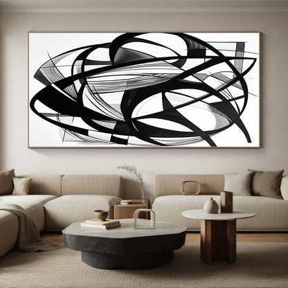 Black Intertwined Lines & Shapes - “Complex Ink Geometry” Painting On Canvas HB240