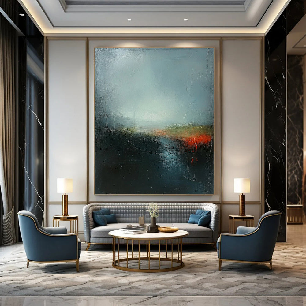 Contemporary abstract artwork featuring deep sky blue and green with red highlights, layered under a dark gray misty sky, inspired by Turner's atmospheric style. DLZ0400