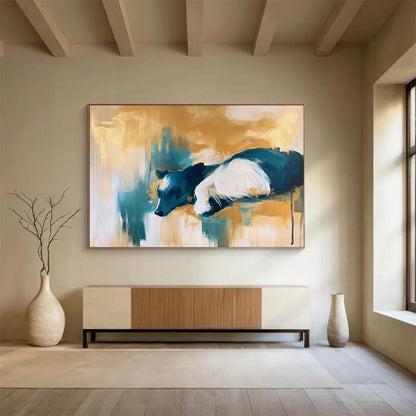 Gold, Teal, and White Dog Portrait - “Dreamy Pup” Painting On Canvas HB1454