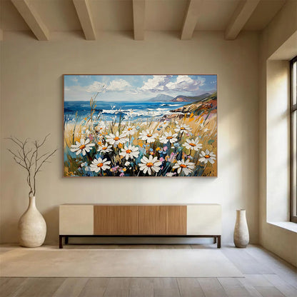 “Seaside Daisies” - Soft Whites, Yellows, Blues, Daisies by the Ocean - Impasto Oil Painting HB1747