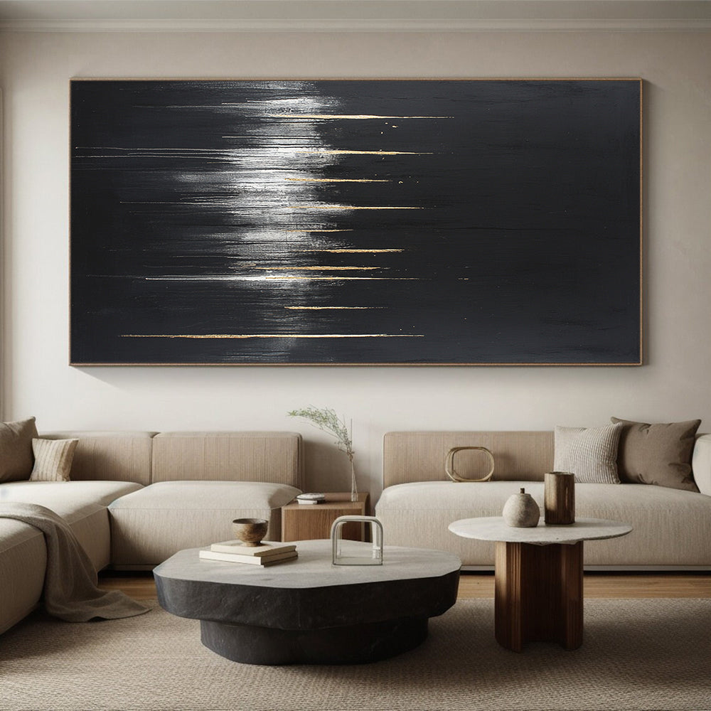 Black, Gold, White, Vertical Drips "Gilded Rain" Abstract Minimalist Painting On Canvas HB085