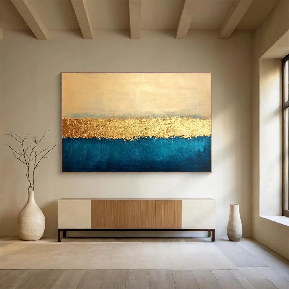 “Gold and Blue Striped Abstract” - Gold, Blue, Horizontal Stripes, Minimalist Painting On Canvas HB0897