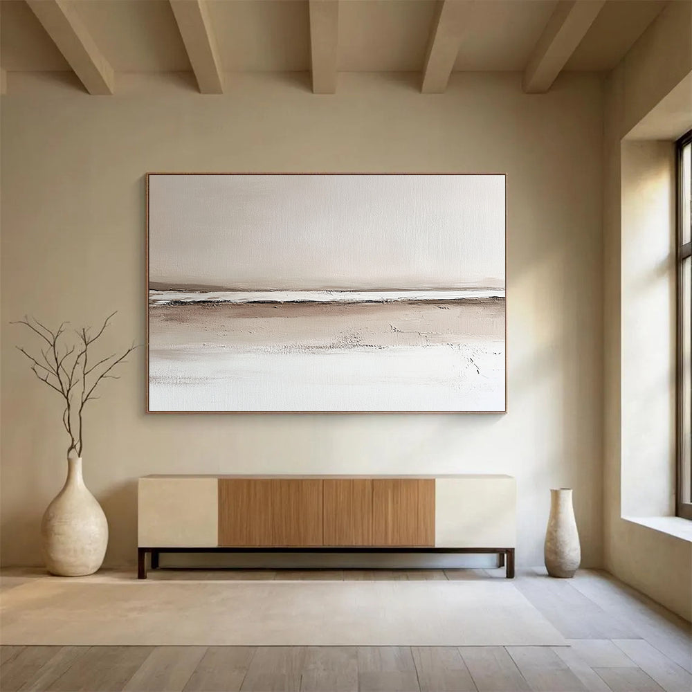 “Neutral Toned Landscape” - Beige, Brown, White, Subtle Horizon Landscape Painting On Canvas HB0957