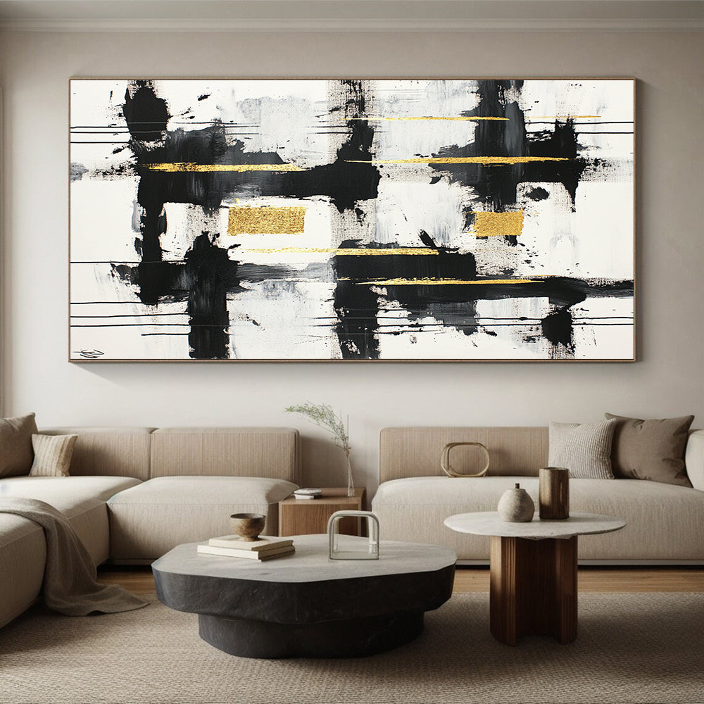 Black, White, Gold, Gray, Textured Blocks "Gilded Grid" Abstract Minimalist Painting On Canvas HB100