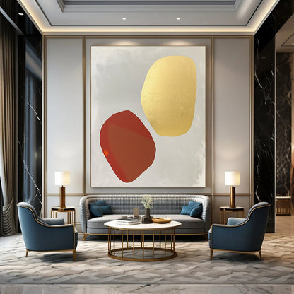 Contemporary abstract painting featuring white and gold shapes on light gray with organic forms and soft tones highlighted by pale red and orange accents. DLZ1735