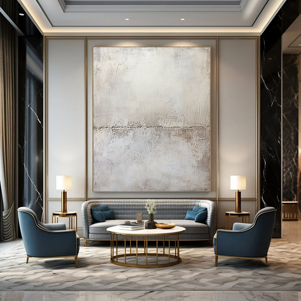 Large contemporary hand-painted abstract artwork featuring a textured white plaster wall with subtle gray tones and mysterious organic shapes in pale cream and beige. DLZ0583
