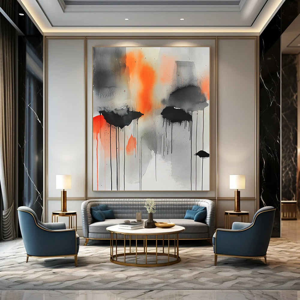 Contemporary hand-painted abstract art featuring gray, orange, and black hues with captivating watercolor drips and splatters for a dynamic visual experience. DLZ1034
