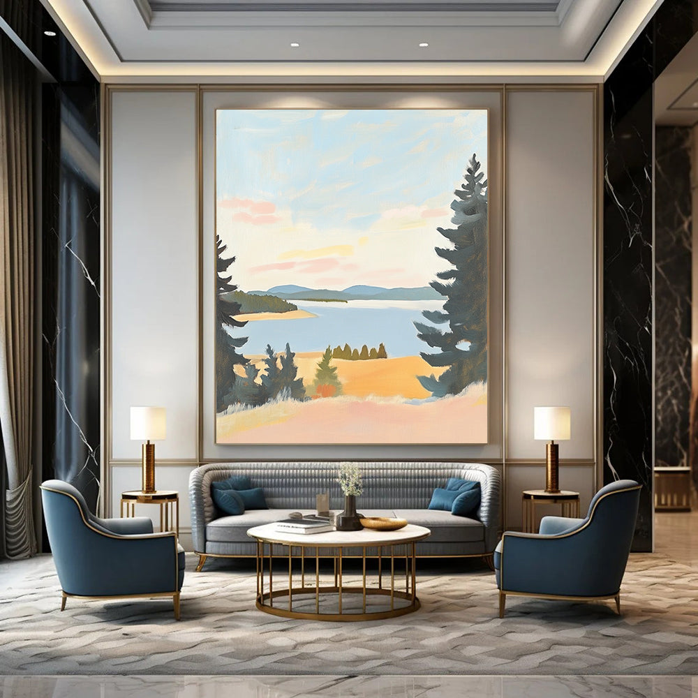 Contemporary minimalist landscape art featuring muted pastels of Lake St. Paul in Oregon on antique white paper, evoking serene beauty and tranquil views. DLZ1575