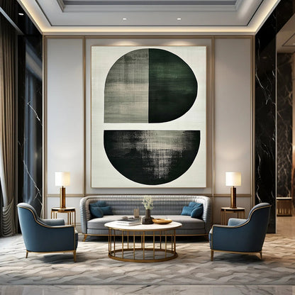Contemporary abstract art featuring minimalist Japandi style with large green and grey shapes a central oval and umber half-circle on a white background. DLZ1617