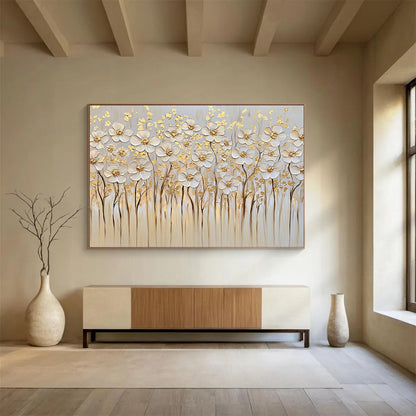 “Gold - Accented White Flowers” - White, Gold, Beige, Textured White Flowers with Gold Details - Impasto Oil Painting HB1781