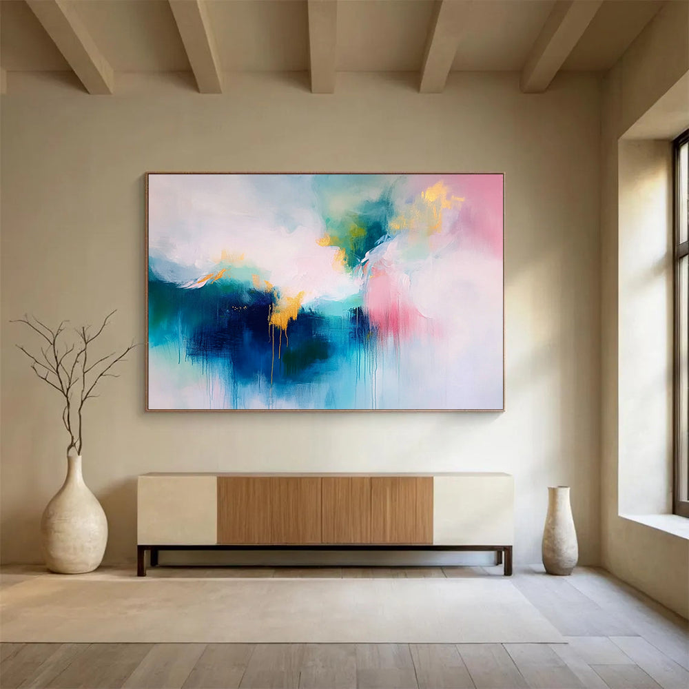 “Pink and Gold Abstract Drip” - Pink, gray, gold; Abstract drip with gold accents; Acrylic Painting On Canvas HB1280