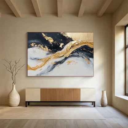 “Textured Gold - Black Wave Motion” - Gold, Black, Gray, Textured Waves Painting On Canvas HB0809