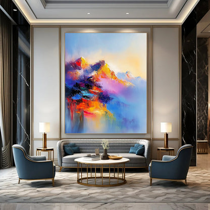 Contemporary abstract oil painting featuring an ethereal mountain range in vibrant colors with misty atmosphere and dreamlike light effects. DLZ0459