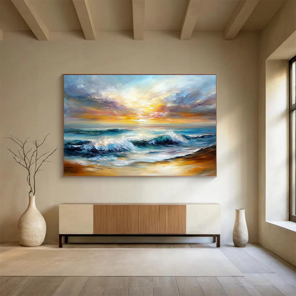 Dynamic Sea Waves Under Colorful Sky - Expressive Impasto Seaside Painting On Canvas HB0443