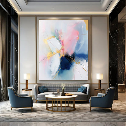 Large contemporary hand-painted abstract art featuring soft pink and blue tones with gold accents on a white background, creating an atmospheric and fluid composition. DLZ0806