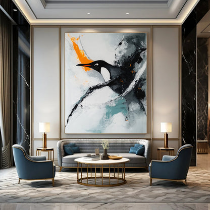 Contemporary hand-painted abstract art featuring a minimalist composition with soft edges showcasing a penguin swimming on a white background accentuated by orange tones. DLZ0551