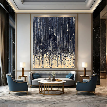Contemporary abstract painting depicting rain on ground with dark blue beige palette thick paint drips and tranquil reflections on wet surfaces. DLZ0634
