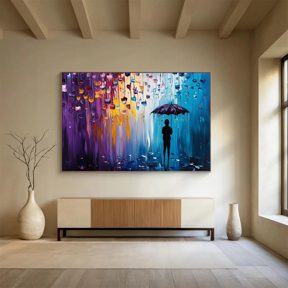 “Color - Dripping Umbrella Silhouette” - Purples, Blues, Oranges, Figure with Umbrella - Palette Knife Acrylic Painting HB1587