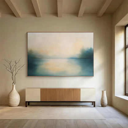 “Misty Lake Serenity” - Blue, Beige, Green, Misty Lake Landscape Painting On Canvas HB0993