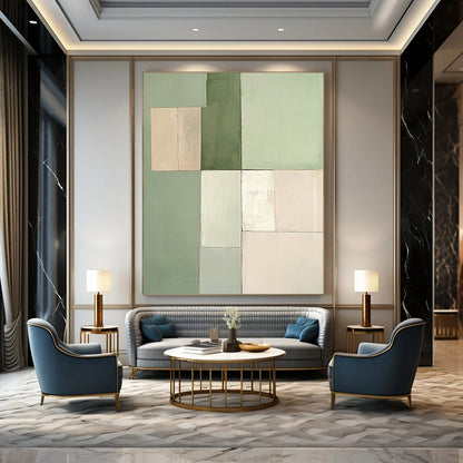 Contemporary hand-painted abstract artwork features a minimalist design with soft pastel green and beige squares in varying sizes. DLZ1334