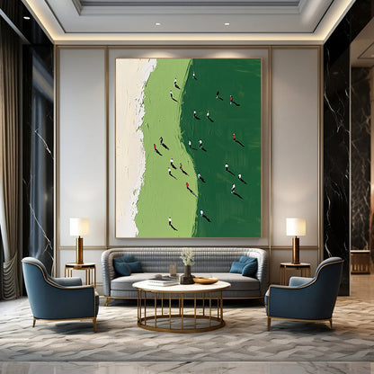Vibrant contemporary abstract painting showcasing a green and white golf course with tiny figures in motion, perfect for modern art enthusiasts. DLZ0917