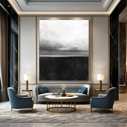 Contemporary hand-painted abstract artwork featuring a textured ocean horizon with soft, atmospheric clouds and a grainy, minimalist aesthetic. DLZ1546