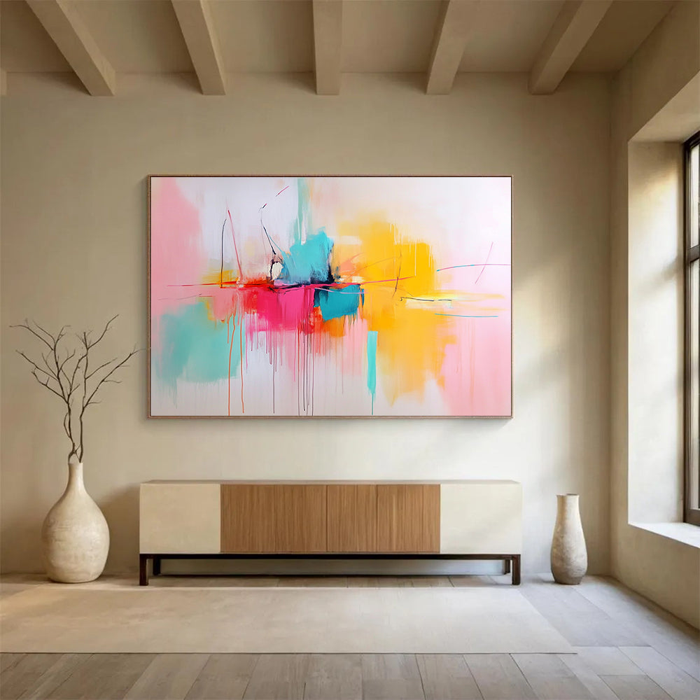 “Color Burst Center” - Pink, Yellow, Blue, Orange, Abstract Expressionist Painting On Canvas HB1062