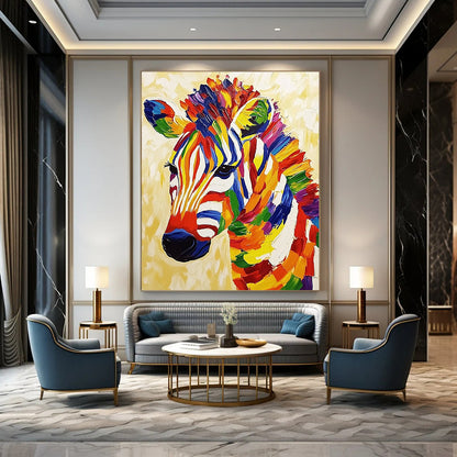 Vibrant contemporary abstract painting featuring a textured zebra on a beige background radiating cheerful energy and bold colors. DLZ1401