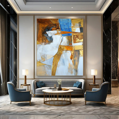 Contemporary abstract artwork featuring Apollo in white brown and blue with golden accents deconstructed in a unique artistic style. DLZ1001